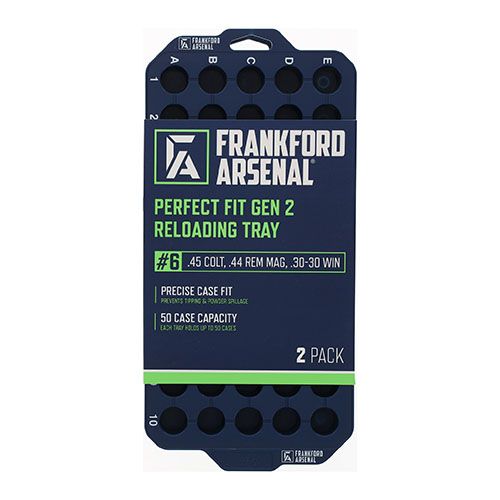 Frankford Arsenal Gen 2 Perfect Fit Reloading Tray erbjuder en exakt passform för olika kalibrar, organiserar och effektiviserar din omladdning med 50 fall per tray.